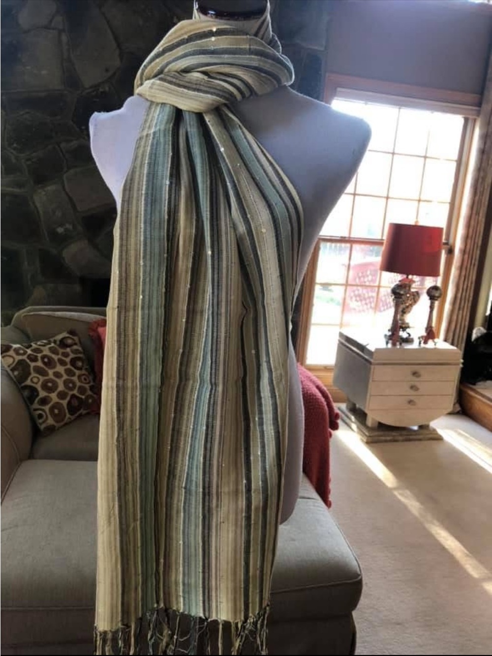 J. Crew Striped Fringe Scarf/Shawl in Cream, Green/Tan/Gray w/sequins